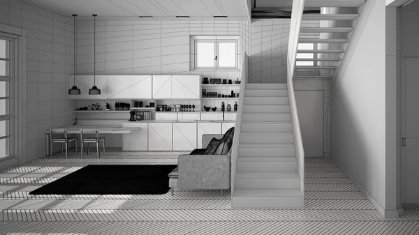 Temiz merdiven, kanepe ve halı ile oturma odası, modern iç tasarım mimari konsept fikri ile çağdaş açık alanda minimalist modern mutfak bitmemiş proje