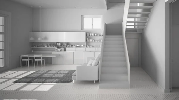 Projet blanc total de cuisine moderne minimaliste dans un espace ouvert contemporain avec escalier propre, salon avec canapé et tapis, idée de concept d'architecture d'intérieur — Photo