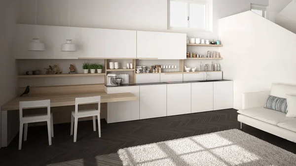 极简主义现代白色和木制厨房，现代开放空间，带干净的楼梯，带卫生间和地毯的客厅，室内设计建筑理念 — 图库照片