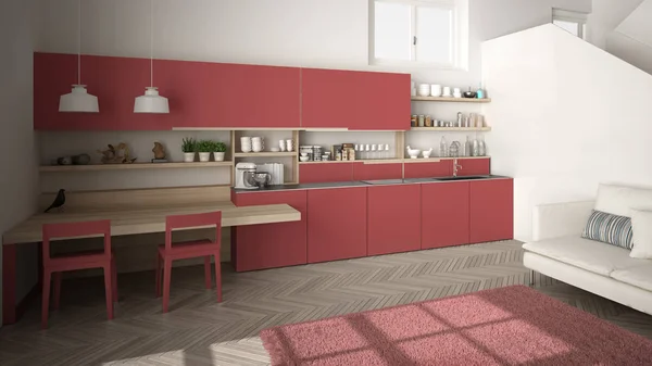 Minimalistisch moderne weiße, rote und hölzerne Küche im modernen offenen Raum mit sauberem Treppenhaus, Wohnzimmer mit Sofa und Teppich, Innenarchitektur-Konzept-Idee — Stockfoto