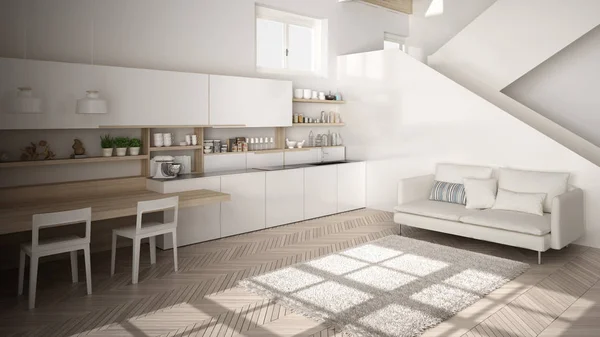 Μινιμαλιστική μοντέρνα λευκή και ξύλινη κουζίνα στο σύγχρονο ανοιχτό χώρο με καθαρή σκάλα, σαλόνι με καναπέ και χαλί, εσωτερική διακόσμηση αρχιτεκτονικής ιδέα — Φωτογραφία Αρχείου