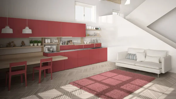 Minimalista moderna cocina blanca, roja y de madera en el espacio abierto contemporáneo con escalera limpia, sala de estar con sofá y alfombra, idea de concepto de arquitectura de diseño de interiores — Foto de Stock