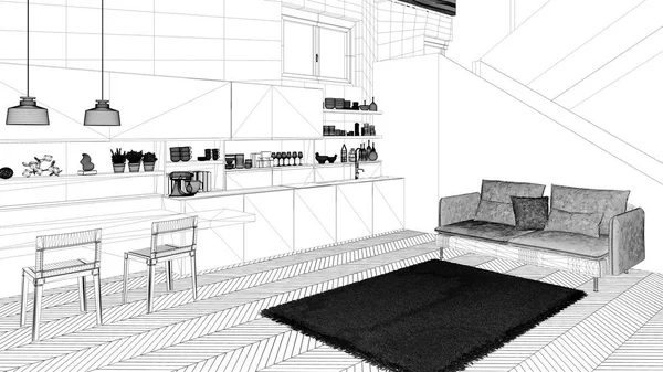 Προσχέδιο σχεδίου, μινιμαλιστική σύγχρονη λευκή, μωβ και ξύλινη κουζίνα στο σύγχρονο ανοιχτό χώρο με σκάλα, σαλόνι με καναπέ και χαλί, εσωτερική ιδέα Design αντίληψη — Φωτογραφία Αρχείου
