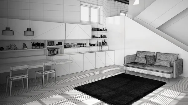 Onvoltooide project van minimalistst moderne keuken in hedendaagse open ruimte met schone trap, woonkamer met Bank en tapijt, modern interieur architectuurconcept idee — Stockfoto