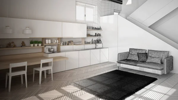 Mimar iç tasarımcı kavramı: gerçek olur bitmemiş proje, merdiven ile açık alanda minimalist modern mutfak, oturma odası, modern iç tasarım konsept fikri