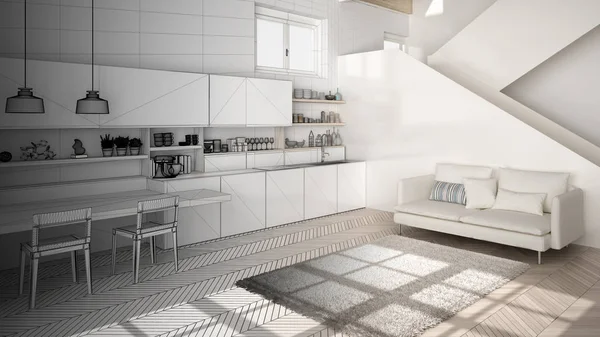Koncepcja projektanta wnętrz architekta: niedokończony projekt, który staje się prawdziwym, minimalistycznym nowoczesnej kuchni w otwartej przestrzeni z klatką schodową, pokój dzienny, nowoczesny pomysł koncepcji wnętrz — Zdjęcie stockowe