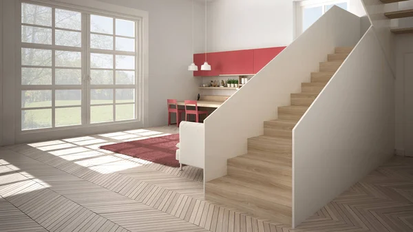 Minimalistyczna nowoczesna biała, czerwona i drewniana kuchnia we współczesnej otwartej przestrzeni z czystymi schodami, salon z sofą i dywanem, koncepcja architektury wnętrz — Zdjęcie stockowe
