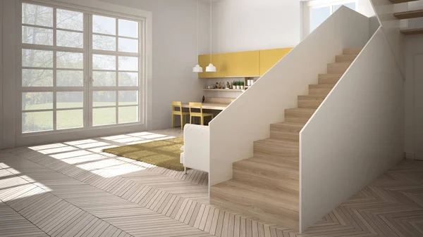 Минималистская современная белая, желтая и деревянная кухня в современном открытом пространстве с чистой лестницей, гостиная с диваном и ковром, концепция дизайна интерьера — стоковое фото