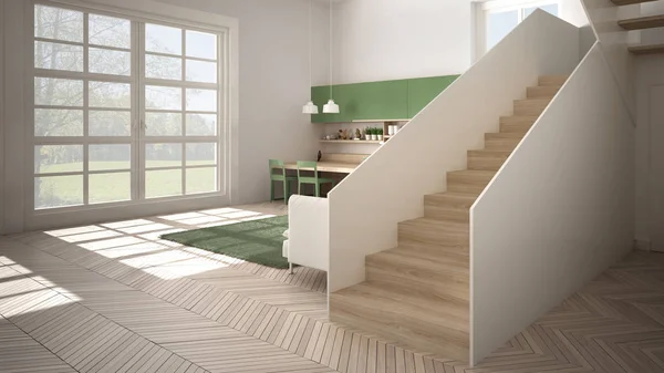 Мінімалістична сучасна біла, зелена та дерев'яна кухня у сучасному відкритому просторі з чистими сходами, вітальня з диваном та килимом, концепція дизайну інтер'єру — стокове фото