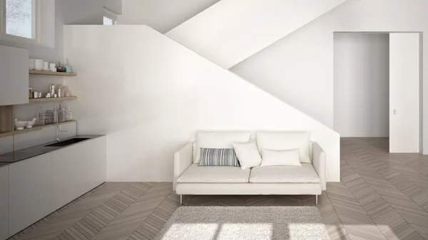 Minimalistische moderne weiße und hölzerne Küche in zeitgenössischem offenen Raum mit sauberem Treppenhaus, Wohnzimmer mit Sofa und Teppich, Innenarchitektur-Konzept-Idee — Stockfoto