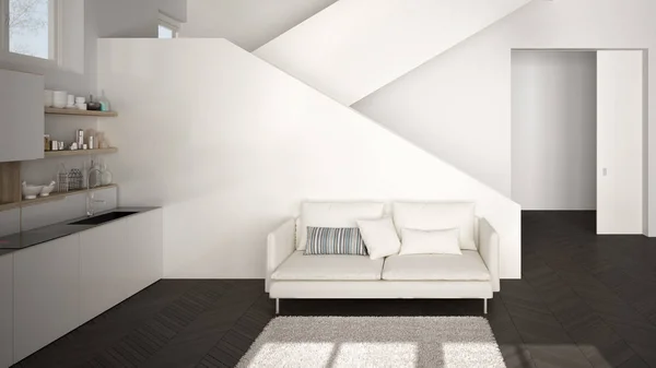 Minimalista moderna cozinha branca e de madeira no espaço aberto contemporâneo com escadaria limpa, sala de estar com sofá e carpete, ideia conceito de arquitetura de design de interiores — Fotografia de Stock