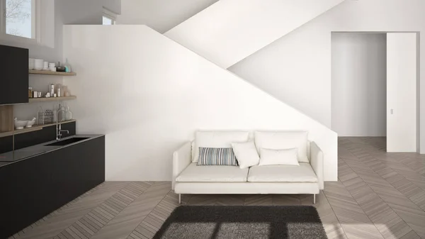 Cuisine moderne minimaliste blanche, grise et en bois dans un espace ouvert contemporain avec escalier propre, salon avec canapé et tapis, idée de concept d'architecture d'intérieur — Photo