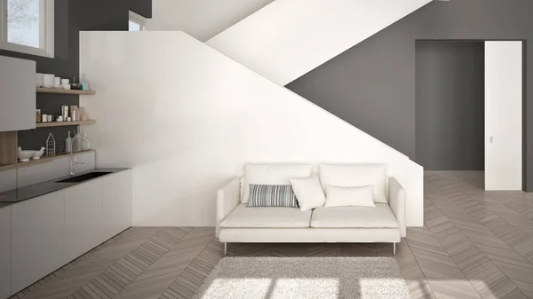 Cuisine moderne minimaliste blanche, grise et en bois dans un espace ouvert contemporain avec escalier propre, salon avec canapé et tapis, idée de concept d'architecture d'intérieur — Photo