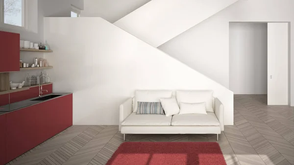 简约的现代白色、红色和木制厨房，在现代开放的空间里有干净的楼梯，客厅有沙发和地毯，室内设计理念 — 图库照片