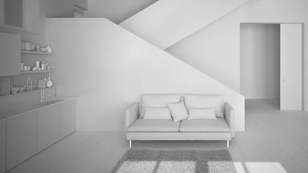 Proyecto blanco total de cocina moderna minimalista en espacio abierto contemporáneo con escalera limpia, sala de estar con sofá y alfombra, idea de concepto de arquitectura de diseño de interiores — Foto de Stock