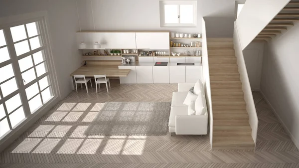Μινιμαλιστική μοντέρνα λευκή και ξύλινη κουζίνα στο σύγχρονο ανοιχτό χώρο με καθαρή σκάλα, σαλόνι με καναπέ και χαλί, εσωτερική διακόσμηση αρχιτεκτονικής ιδέα, κορυφή θέα — Φωτογραφία Αρχείου