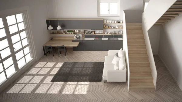 Современная белая, уютная и деревянная кухня в современном открытом пространстве с чистым лестничным ящиком, гостиная с диваном и ковром, концепция дизайна интерьера, вид сверху — стоковое фото