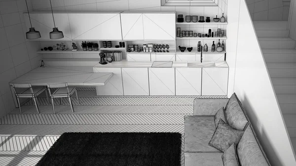 Temiz merdivenile çağdaş açık alanda minimalist modern mutfak bitmemiş proje, kanepe ile oturma odası, modern iç tasarım mimari konsept fikir, üst görünümü