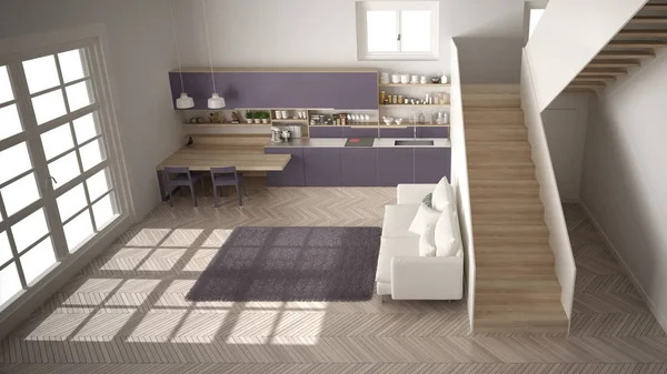 Minimaliste moderne violet blanc et cuisine en bois dans un espace ouvert contemporain avec escalier propre, salon avec canapé et tapis, idée de concept d'architecture d'intérieur, vue sur le dessus — Photo
