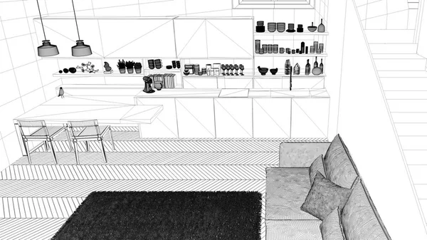 Blueprint proje taslağı, minimalist modern beyaz, merdiven ile çağdaş açık alanda mor ve ahşap mutfak, kanepe ile oturma odası, iç tasarım konsept fikri, üst görünümü