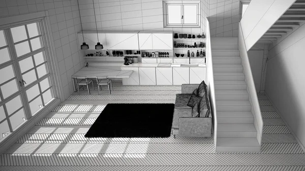 Proyek yang belum selesai dari minimalisasi dapur modern di ruang terbuka kontemporer dengan tangga yang bersih, ruang tamu dengan sofa, desain interior modern ide konsep arsitektur, top view — Stok Foto