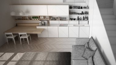 Mimar iç tasarımcı kavramı: gerçek olur bitmemiş proje, merdiven ile minimalist modern mutfak, oturma odası, modern iç tasarım konsept fikri, üst görünümü