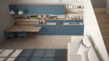 Minimalist modern beyaz, mavi ve ahşap mutfak temiz merdiven ile çağdaş açık alanda, kanepe ve halı ile oturma odası, iç tasarım mimari konsept fikir, üst görünümü