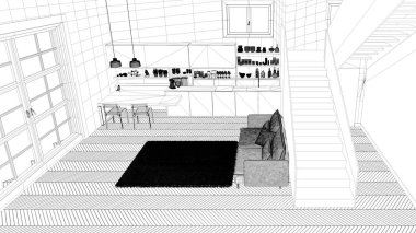 Blueprint proje taslağı, minimalist modern beyaz, merdiven ile çağdaş açık alanda mor ve ahşap mutfak, kanepe ile oturma odası, iç tasarım konsept fikri, üst görünümü