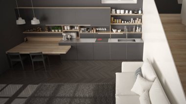 Minimalist modern beyaz, gri ve ahşap mutfak temiz merdiven ile çağdaş açık alanda, kanepe ve halı ile oturma odası, iç tasarım mimari konsept fikir, üst görünümü