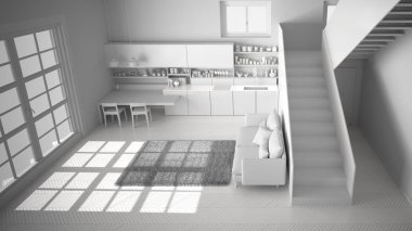 Temiz merdivenli çağdaş açık alanda minimalist modern mutfağın toplam beyaz projesi, kanepe ve halı ile oturma odası, iç tasarım mimari konsept fikri, üst görünüm