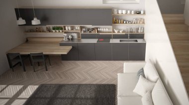 Minimalist modern beyaz, gri ve ahşap mutfak temiz merdiven ile çağdaş açık alanda, kanepe ve halı ile oturma odası, iç tasarım mimari konsept fikir, üst görünümü