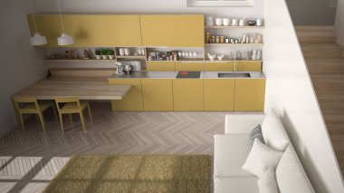 Temiz merdivenli çağdaş açık alanda minimalist modern beyaz sarı ve ahşap mutfak, kanepe ve halı ile oturma odası, iç tasarım mimari konsept fikri, üst görünümü