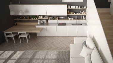 Minimalist modern beyaz, gri ve ahşap mutfak temiz merdiven ile çağdaş açık alanda, kanepe ve halı ile oturma odası, iç tasarım mimari konsept fikir, üst görünümü