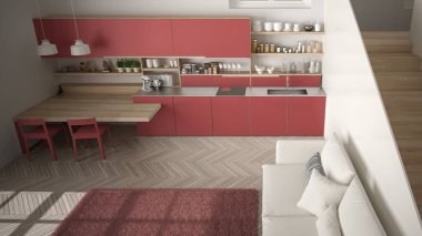 Minimalist modern beyaz, temiz merdivenli çağdaş açık alanda kırmızı ve ahşap mutfak, kanepe ve halı ile oturma odası, iç tasarım mimari konsept fikri, üst görünüm