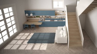 Minimalist modern beyaz, mavi ve ahşap mutfak temiz merdiven ile çağdaş açık alanda, kanepe ve halı ile oturma odası, iç tasarım mimari konsept fikir, üst görünümü