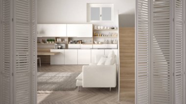 Ahşap detaylar ve parke zemin, modern merdiven, beyaz iç tasarım, mimar tasarımcı kavramı, bulanıklık arka plan ile modern beyaz mutfakta beyaz katlanır kapı açılması