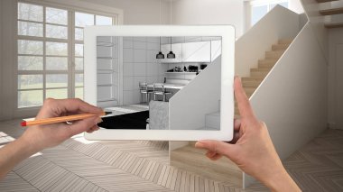 Holding ve tablet gösteren modern beyaz mutfak ahşap detayları Cad çizim el kroki. Gerçek bitmiş iç mimari tasarım sunum arka planda