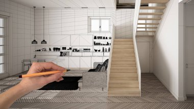 Beyaz ringa kemiği parke zemin ile boş beyaz iç, el çizim özel mimari tasarım, siyah mürekkep kroki, modern minimalist mutfak gösteren plan, konsept, mockup, fikir