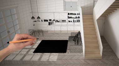 Beyaz ringa kemiği parke zemin ile boş beyaz iç, el çizim özel mimari tasarım, siyah mürekkep kroki, modern mutfak gösteren plan, konsept, mockup, fikir, üst görünüm