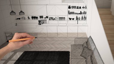 Beyaz ringa kemiği parke zemin ile boş beyaz iç, el çizim özel mimari tasarım, siyah mürekkep kroki, modern mutfak gösteren plan, konsept, mockup, fikir, üst görünüm