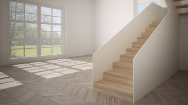 Boş oda iç tasarımı, beyaz duvarlar, modern tarz, parke zemin, ahşap merdiven, minimalist çağdaş mimari, konsept, maket, mimari fikir ile açık alan
