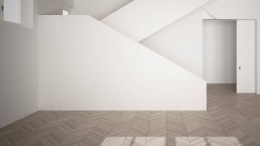 Boş oda iç tasarımı, beyaz duvarlar, modern tarz, parke zemin, ahşap merdiven, minimalist çağdaş mimari, konsept, maket, mimari fikir ile açık alan