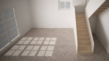 Boş oda iç tasarımı, beyaz duvarlar, modern tarz, parke zemin, ahşap merdiven, minimalist çağdaş mimari, konsept, maket, mimari fikir ile açık alan
