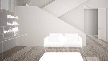 Beyaz ringa kemiği parke zemin, özel mimari tasarım projesi, beyaz mürekkep kroki, modern mutfak, konsept, maket, mimari fikir gösteren plan ile boş beyaz iç