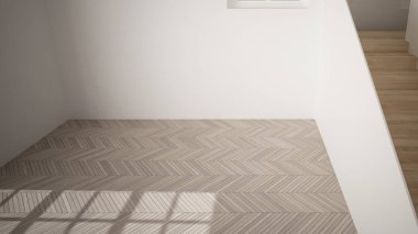 Boş oda iç tasarımı, beyaz duvarlar, modern tarz, parke zemin, ahşap merdiven, minimalist çağdaş mimari, konsept, maket, mimari fikir ile açık alan