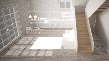 Beyaz ringa kemiği parke zemin, özel mimari tasarım projesi, beyaz mürekkep kroki, modern mutfak, konsept, maket, mimari fikir gösteren plan ile boş beyaz iç