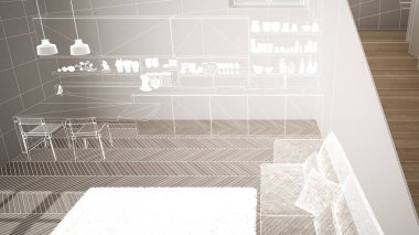 Beyaz ringa kemiği parke zemin, özel mimari tasarım projesi, beyaz mürekkep kroki, modern mutfak, konsept, maket, mimari fikir gösteren plan ile boş beyaz iç