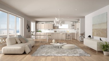 Penthouse oturma odası ve mutfak iç tasarım, kanepe ve halı ile salon, yemek masası, tabure, parke ile ada. Modern minimalist beyaz mimari kavram fikri