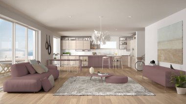 Penthouse oturma odası ve mutfak iç tasarım, kanepe ve halı ile salon, yemek masası, tabure, parke ile ada. Modern minimalist beyaz ve kırmızı mimari kavram fikri