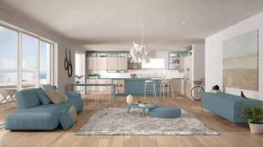 Penthouse oturma odası ve mutfak iç tasarım, kanepe ve halı ile salon, yemek masası, tabure, parke ile ada. Modern minimalist beyaz ve mavi mimari kavram fikri